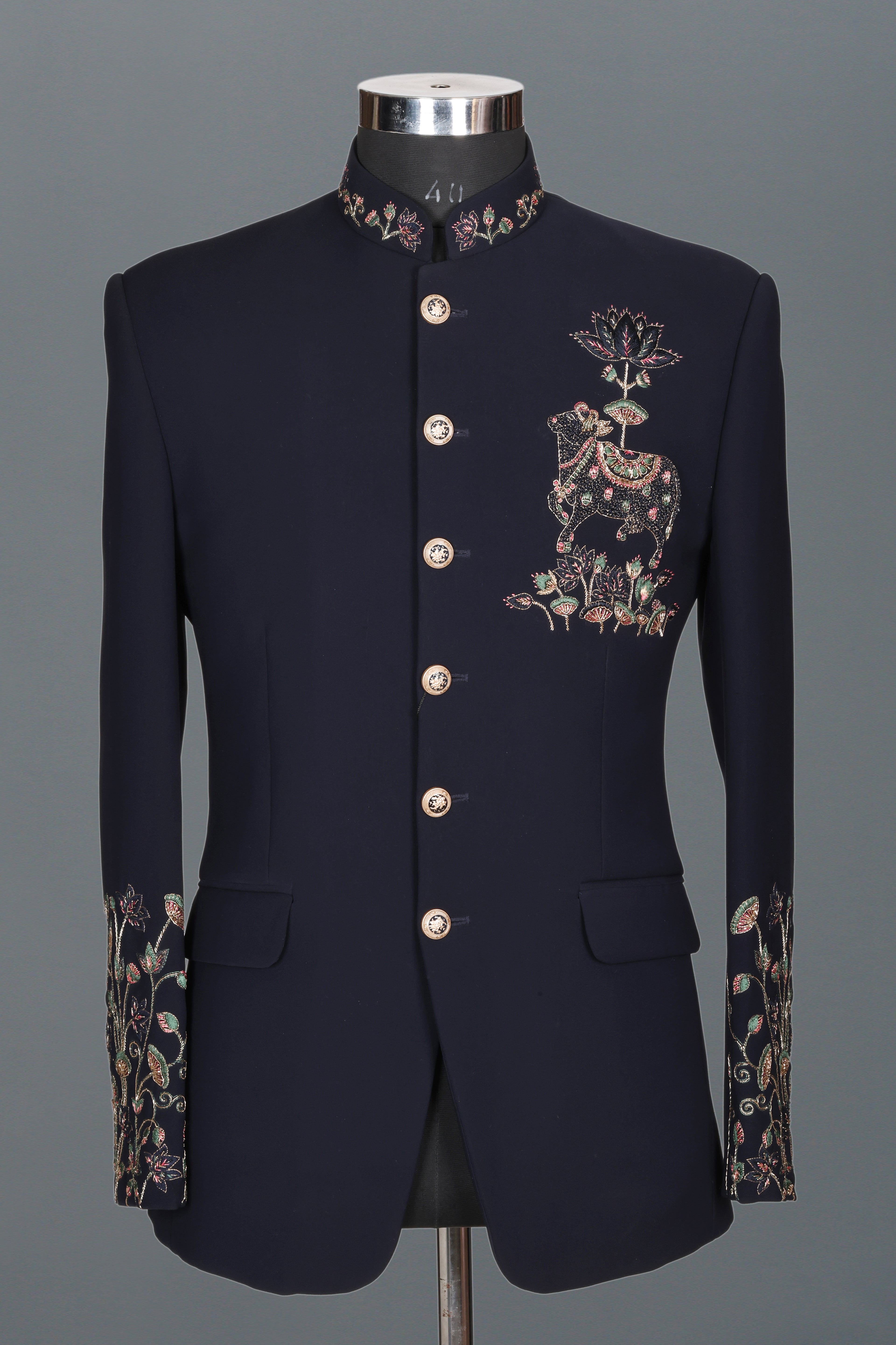 NAVY BLUE LOTUS EMBROIDERED JODHPURI