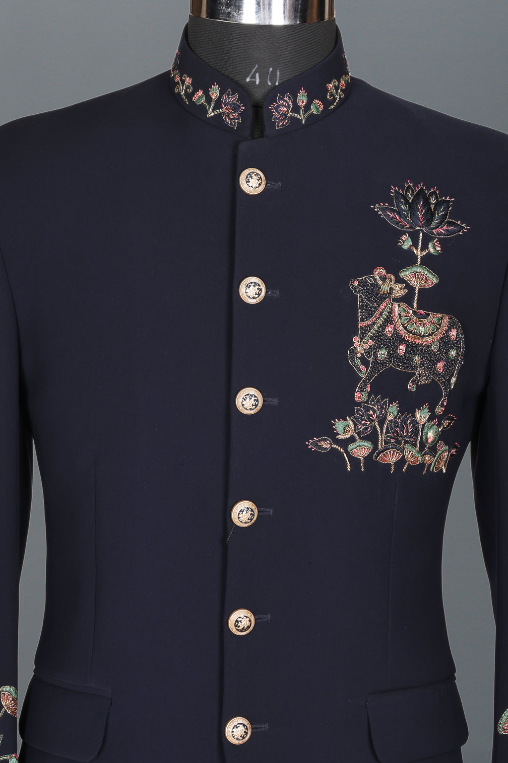 NAVY BLUE LOTUS EMBROIDERED JODHPURI