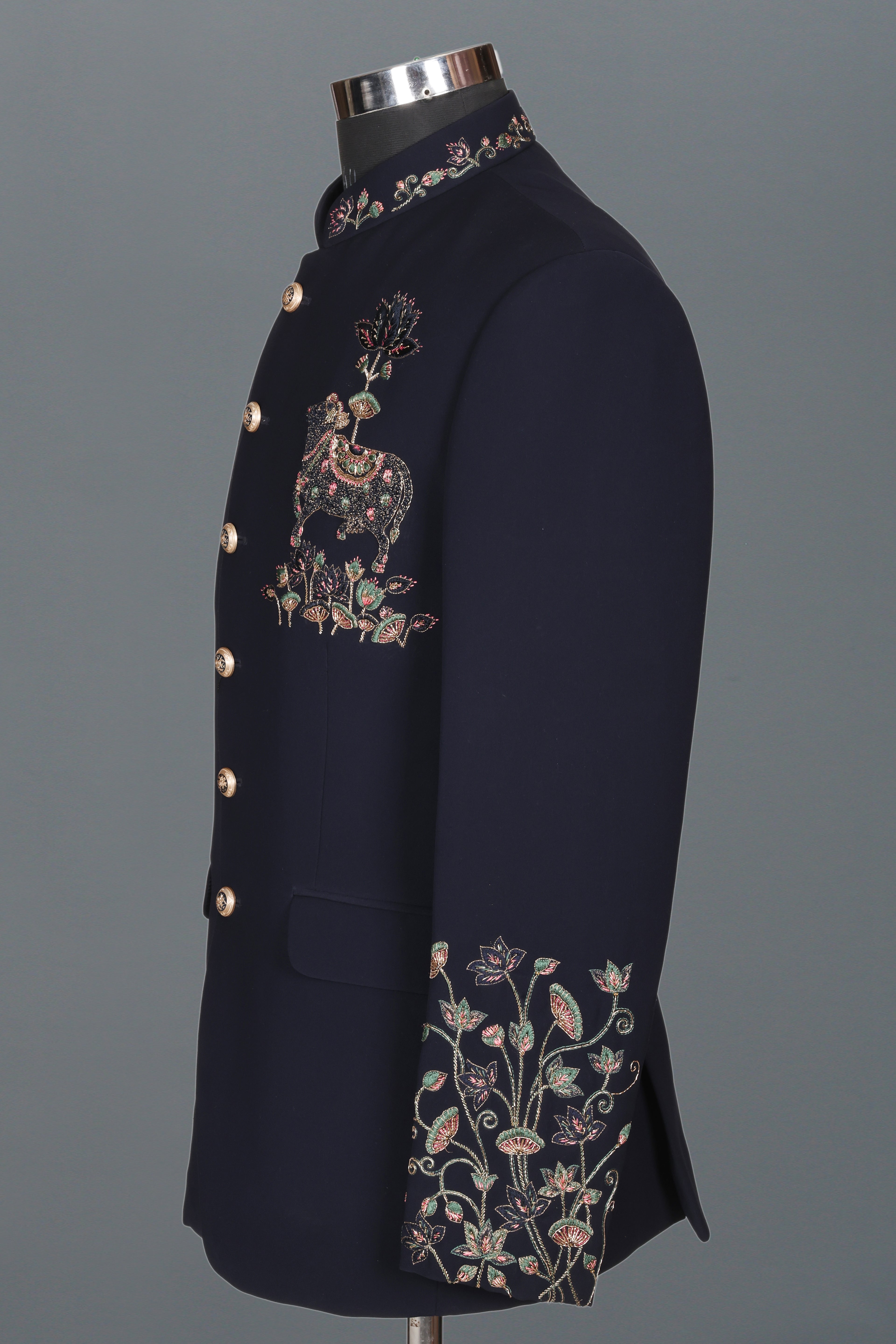 NAVY BLUE LOTUS EMBROIDERED JODHPURI