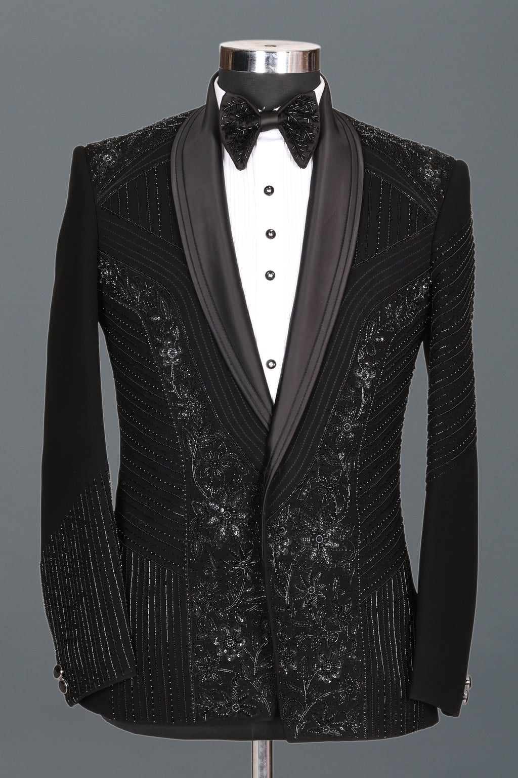 BLACK HANDCRAFTED FLORAL EMBROIDERY TUXEDO