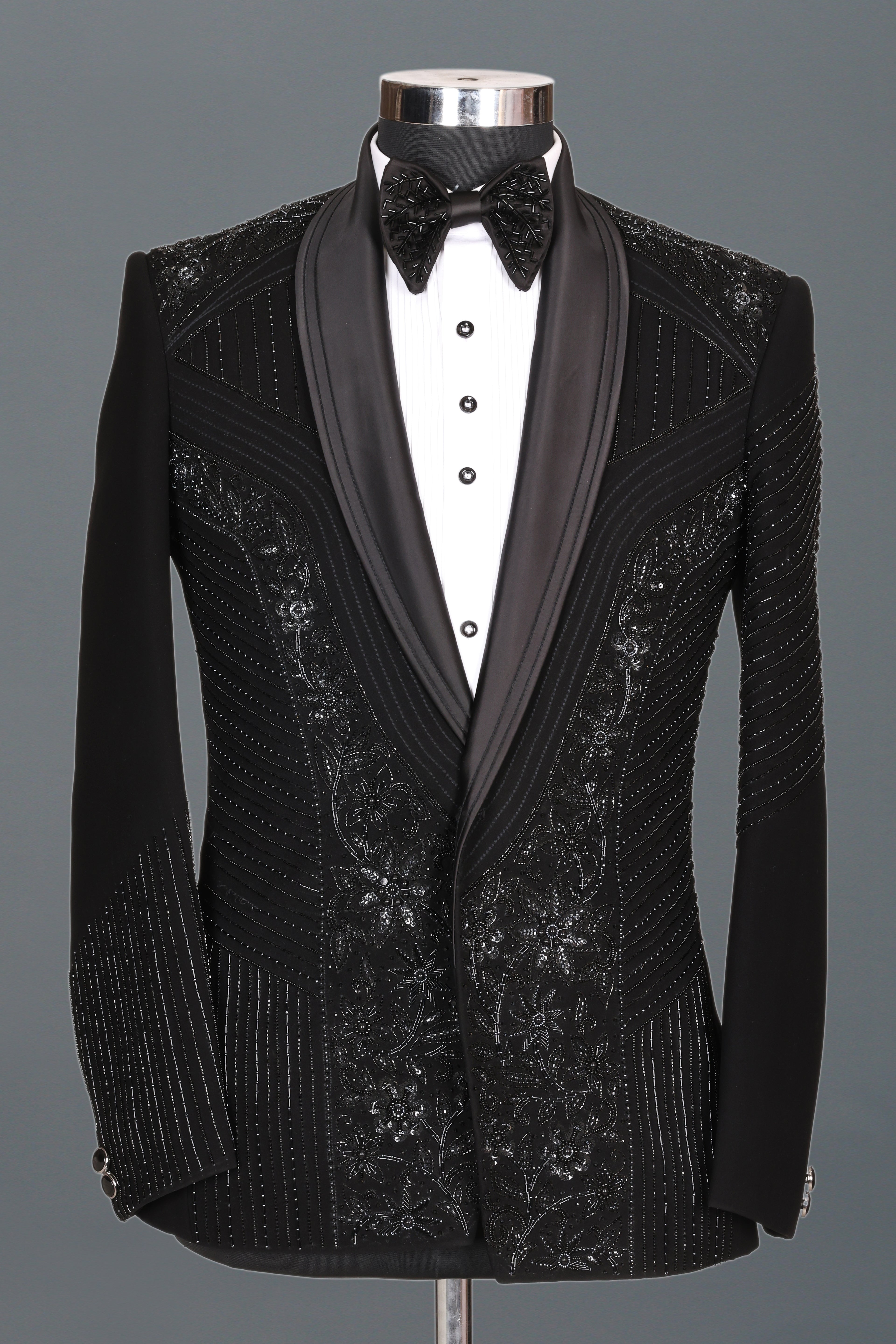 BLACK HANDCRAFTED FLORAL EMBROIDERY TUXEDO