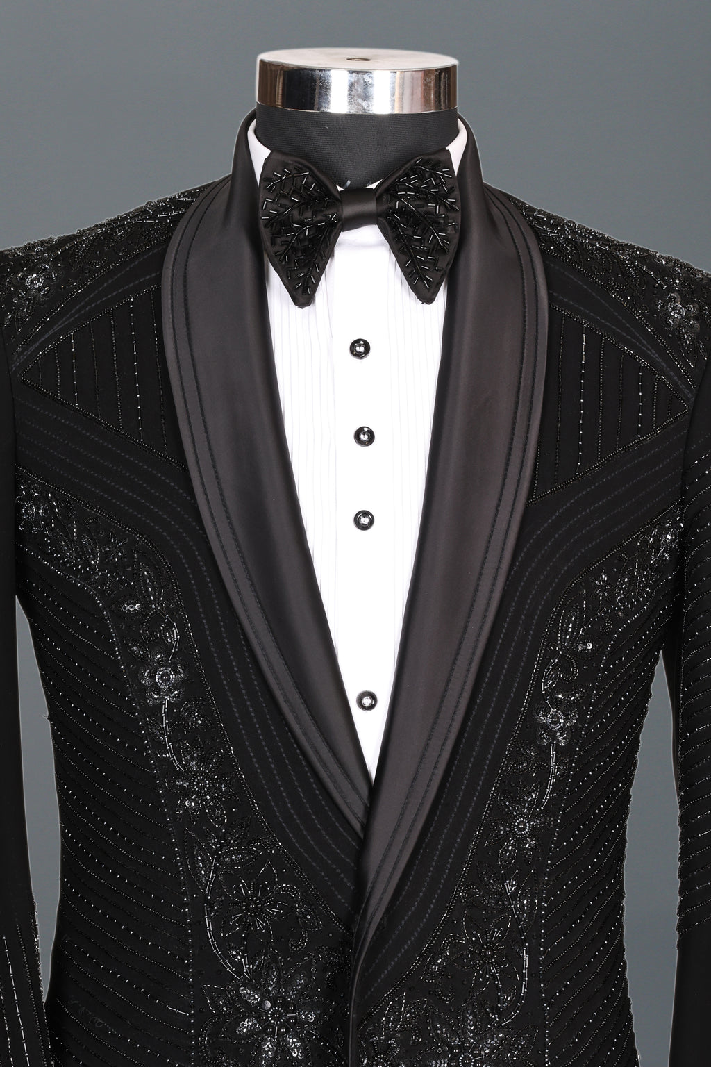 BLACK HANDCRAFTED FLORAL EMBROIDERY TUXEDO