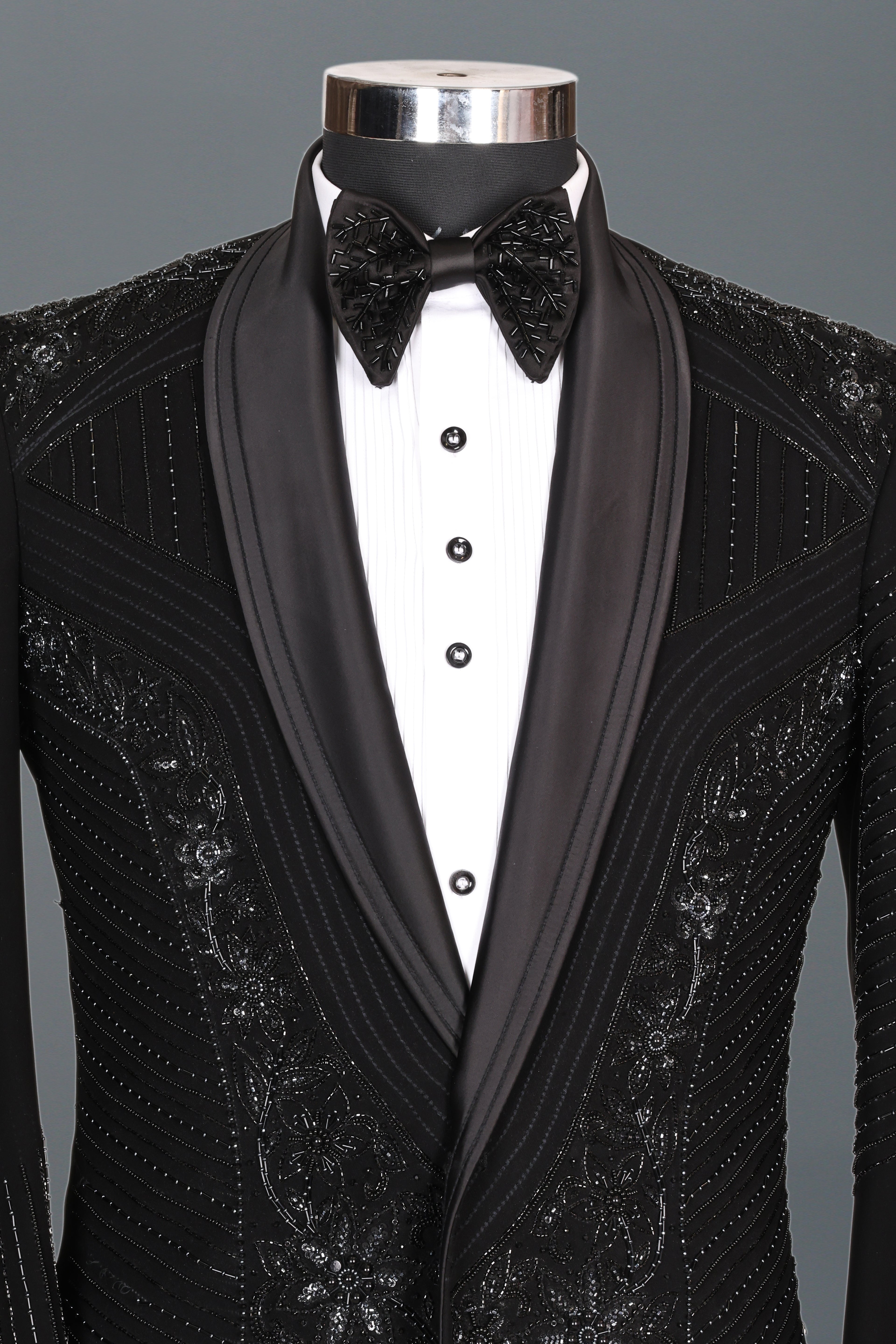 BLACK HANDCRAFTED FLORAL EMBROIDERY TUXEDO