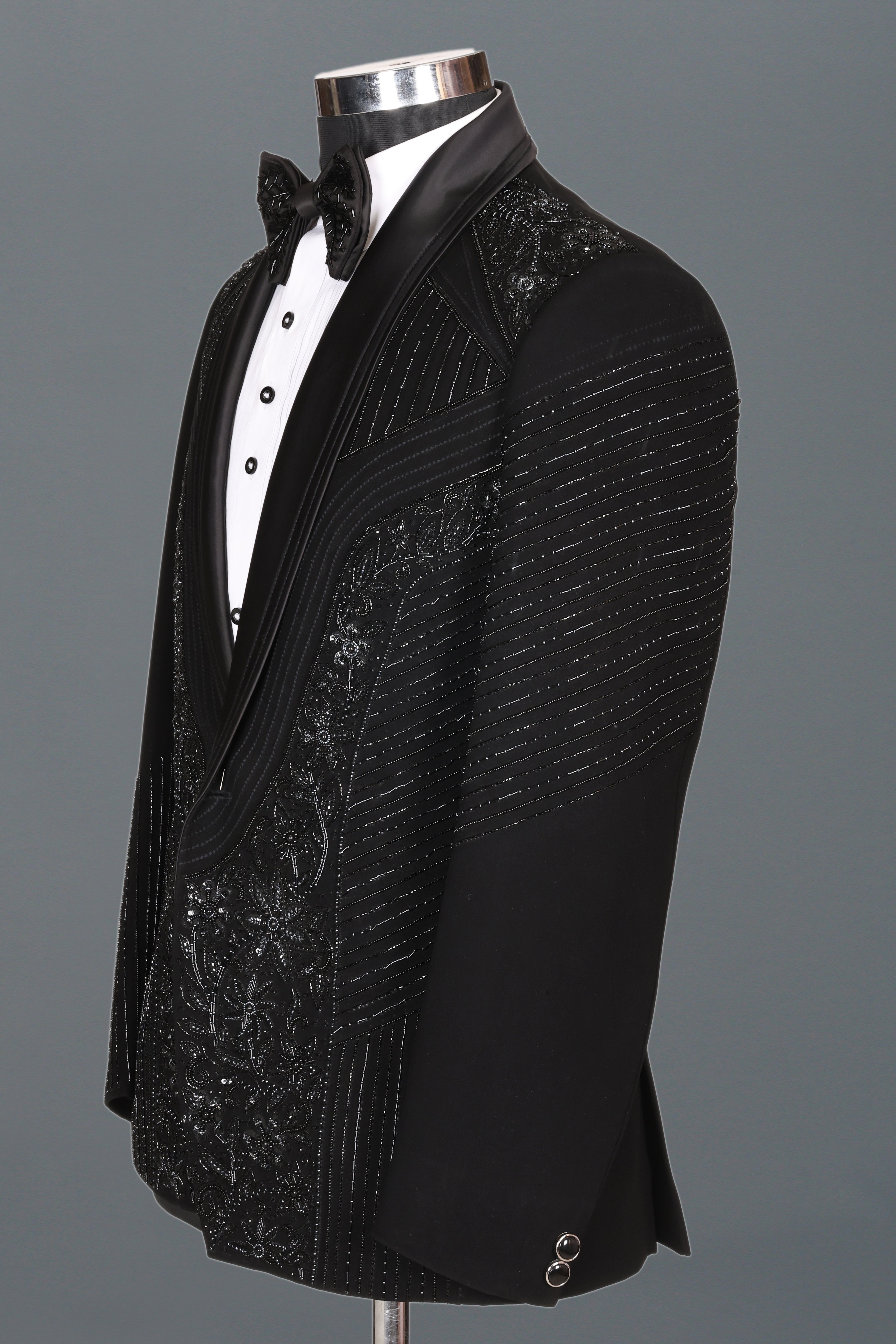 BLACK HANDCRAFTED FLORAL EMBROIDERY TUXEDO