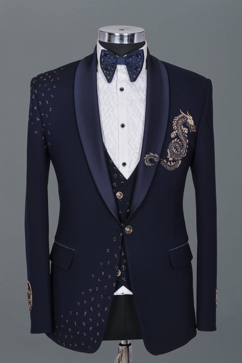 NAVY BLUE DRAGON EMBELLISHED TUXEDO
