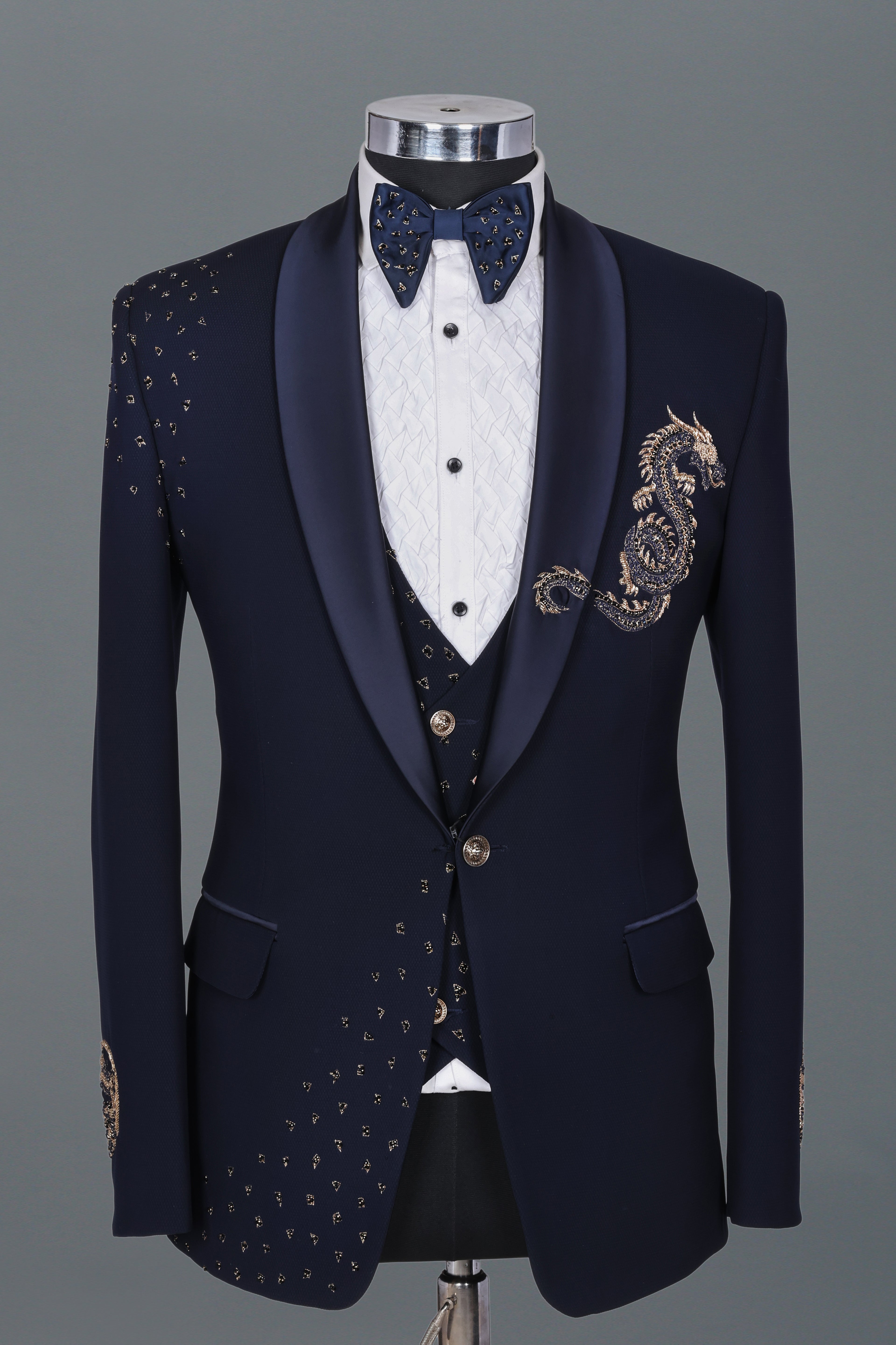 NAVY BLUE DRAGON EMBELLISHED TUXEDO