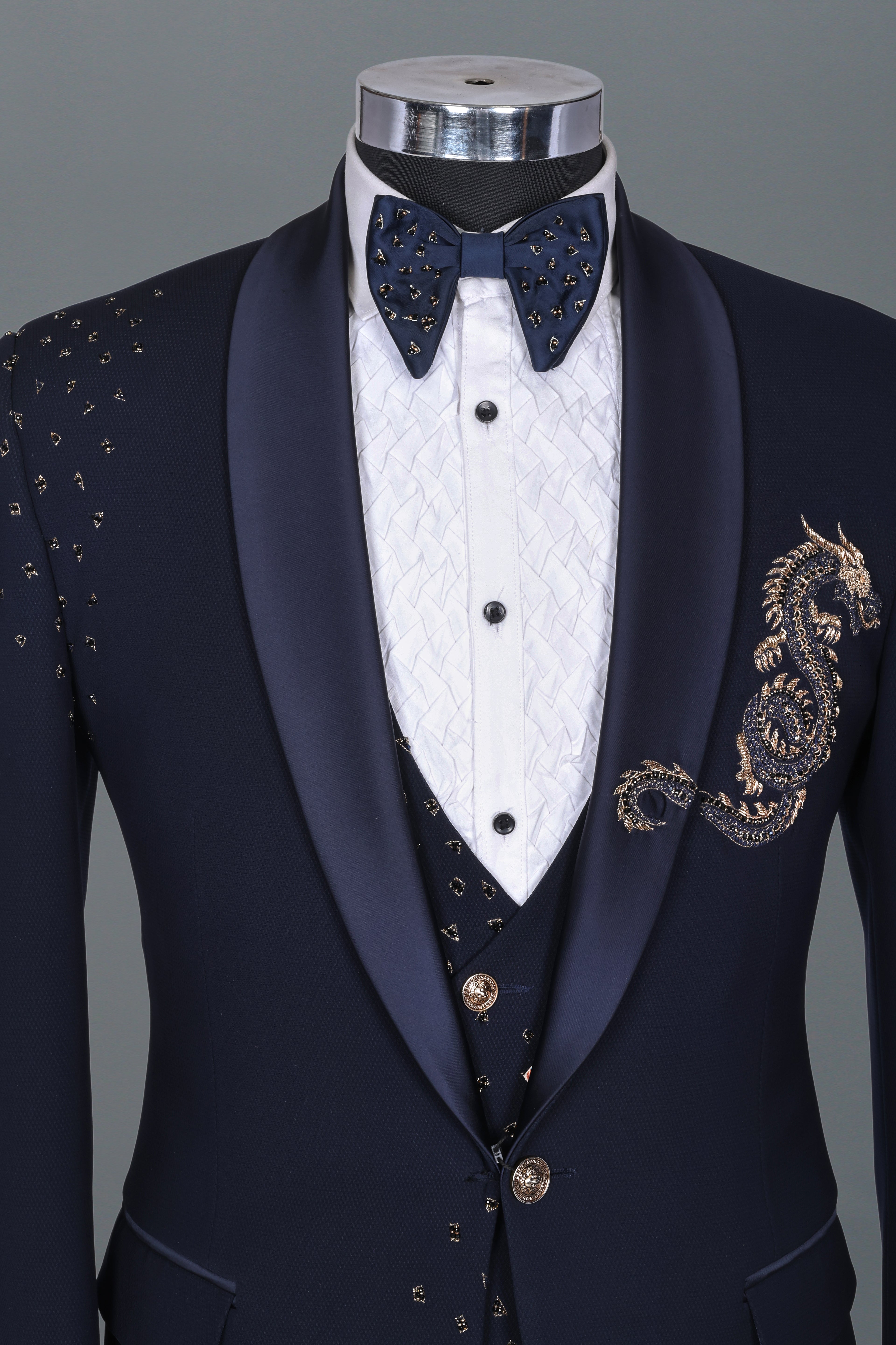 NAVY BLUE DRAGON EMBELLISHED TUXEDO