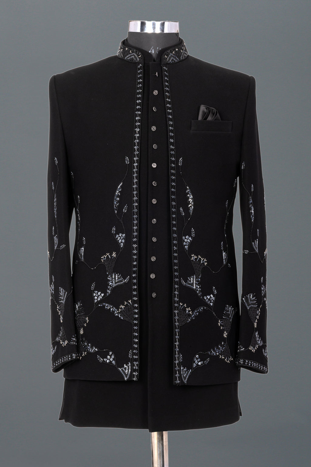BLACK EMBROIDERED INDOWESTERN WITH SILVER FLORAL MOTIFS