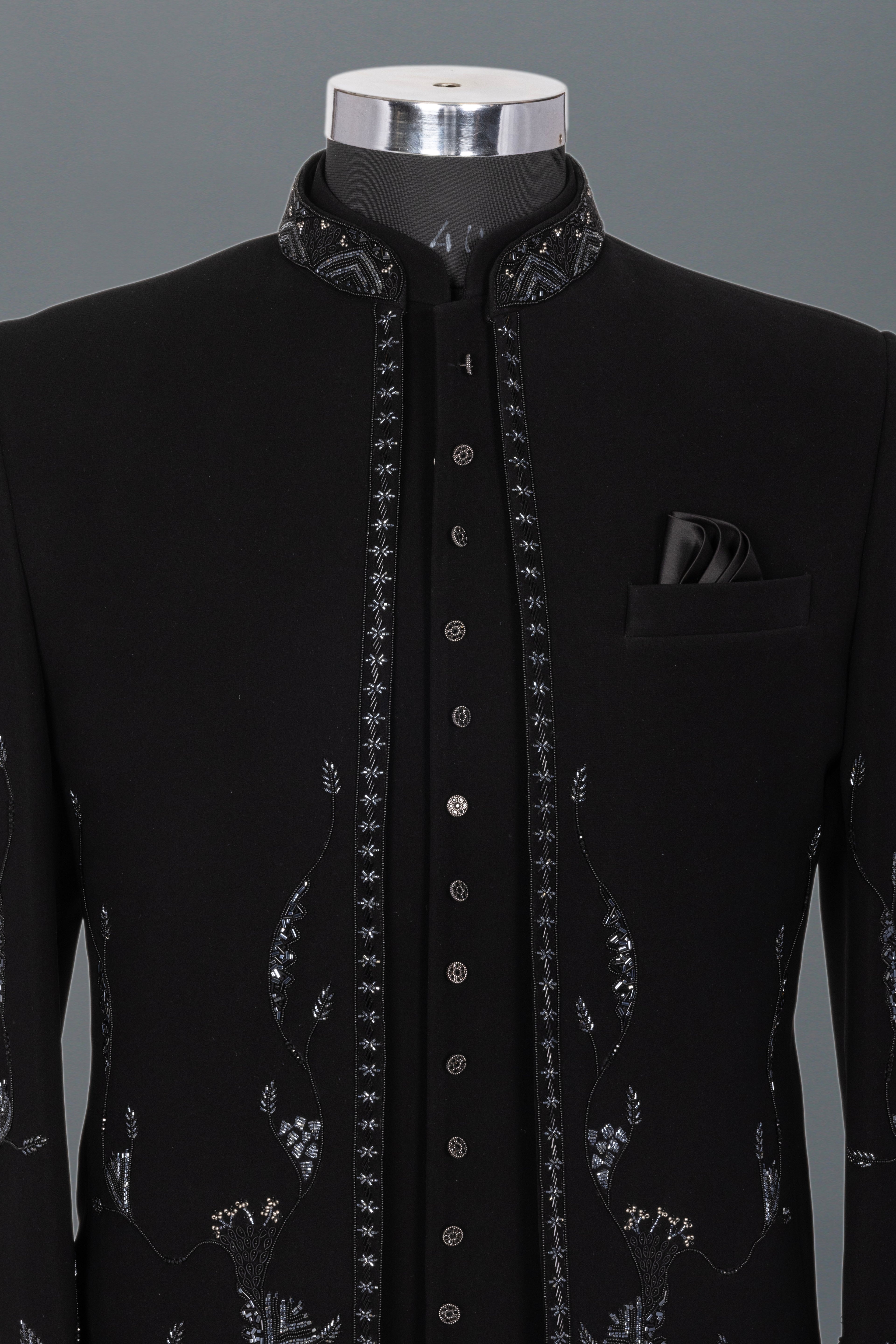 BLACK EMBROIDERED INDOWESTERN WITH SILVER FLORAL MOTIFS