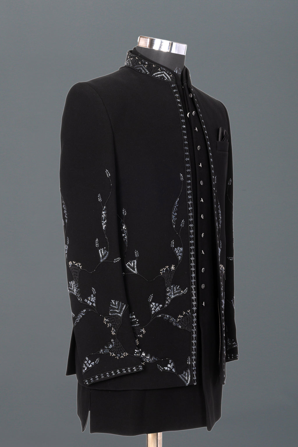 BLACK EMBROIDERED INDOWESTERN WITH SILVER FLORAL MOTIFS
