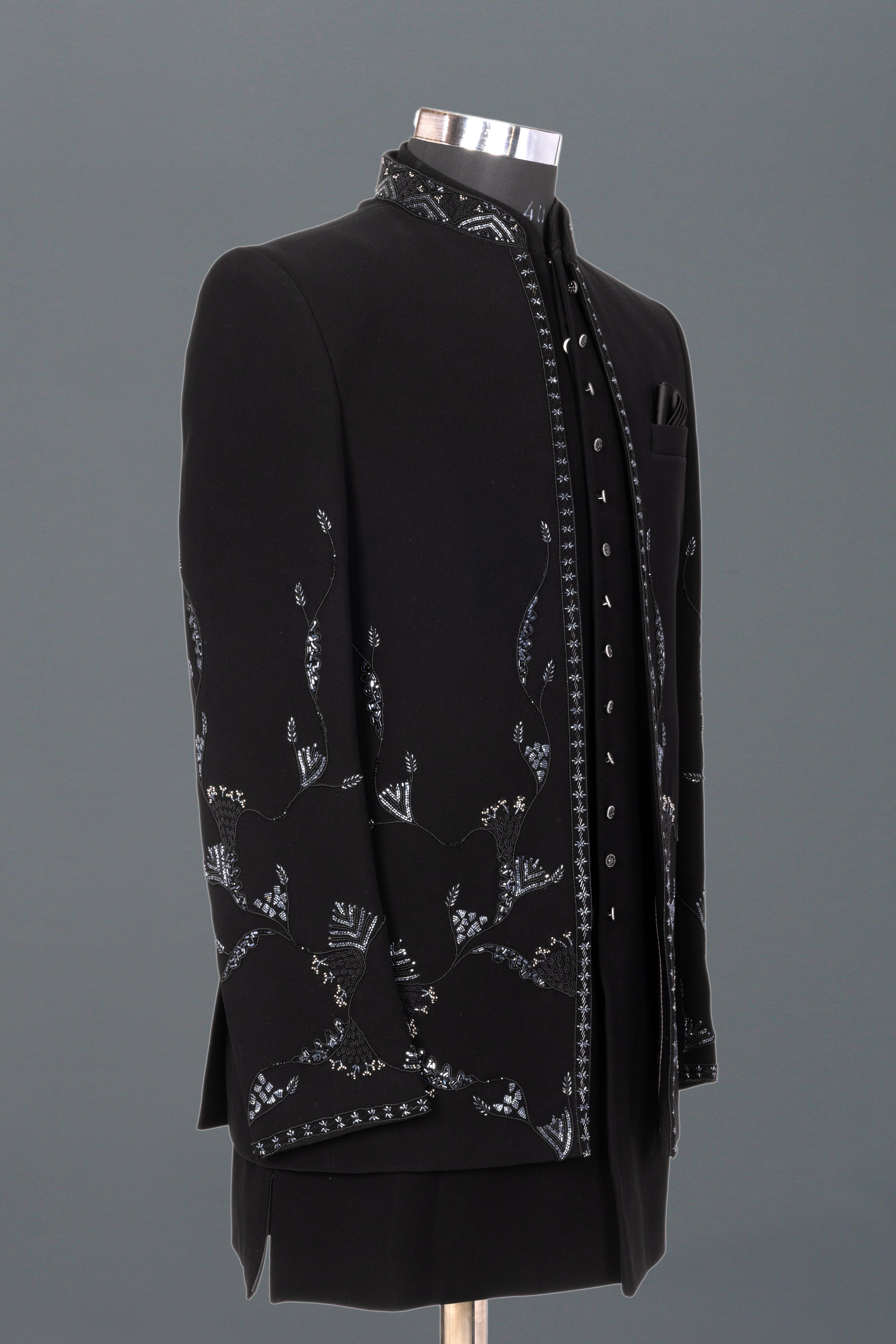 BLACK EMBROIDERED INDOWESTERN WITH SILVER FLORAL MOTIFS