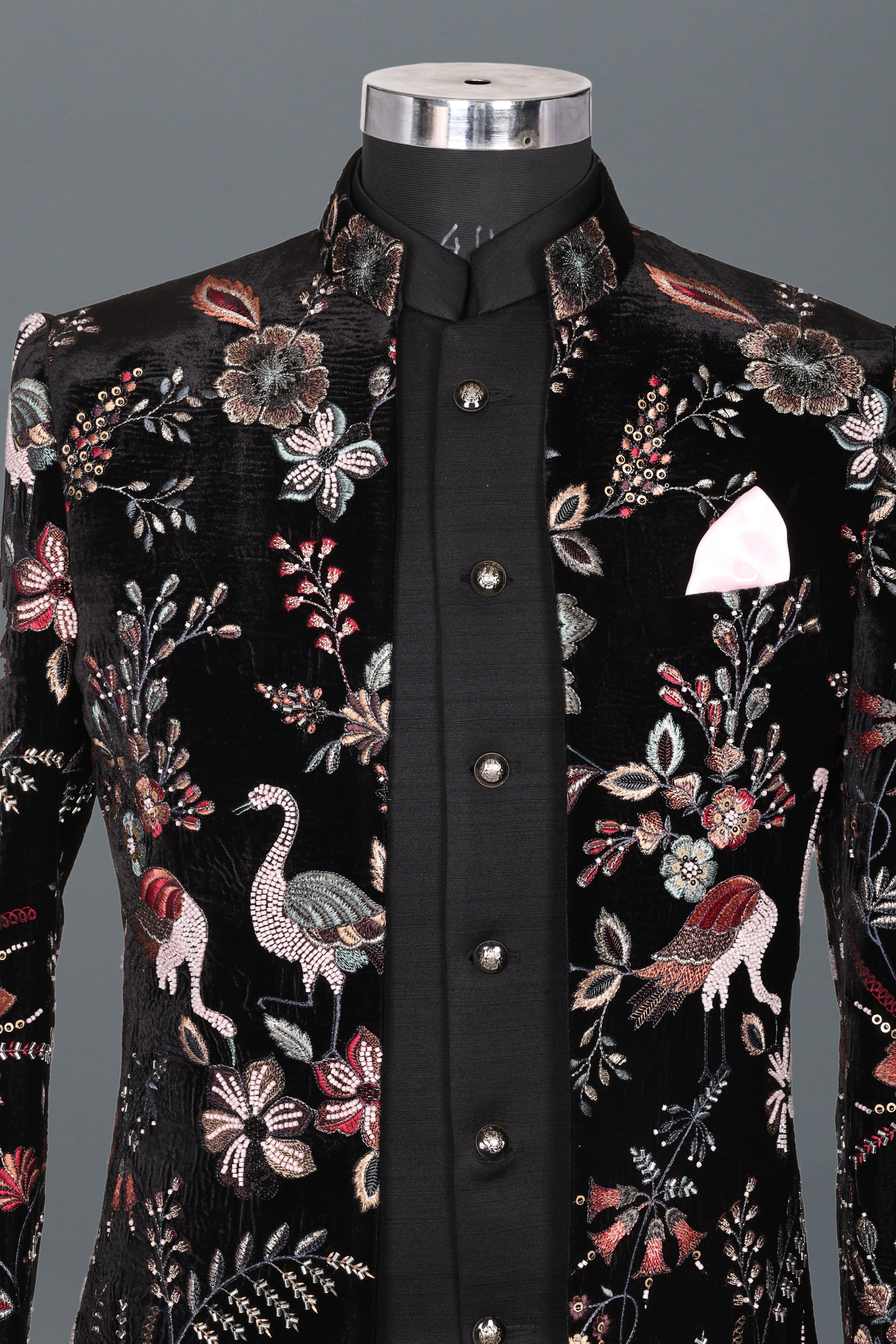 BLACK BIRD & FLORAL EMBROIDERED INDO-WESTERN