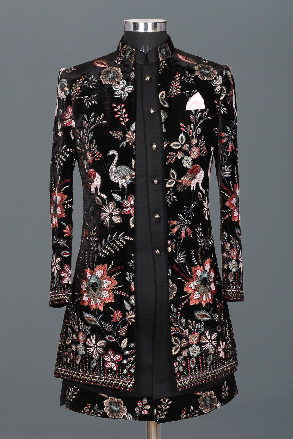 BLACK BIRD & FLORAL EMBROIDERED INDO-WESTERN