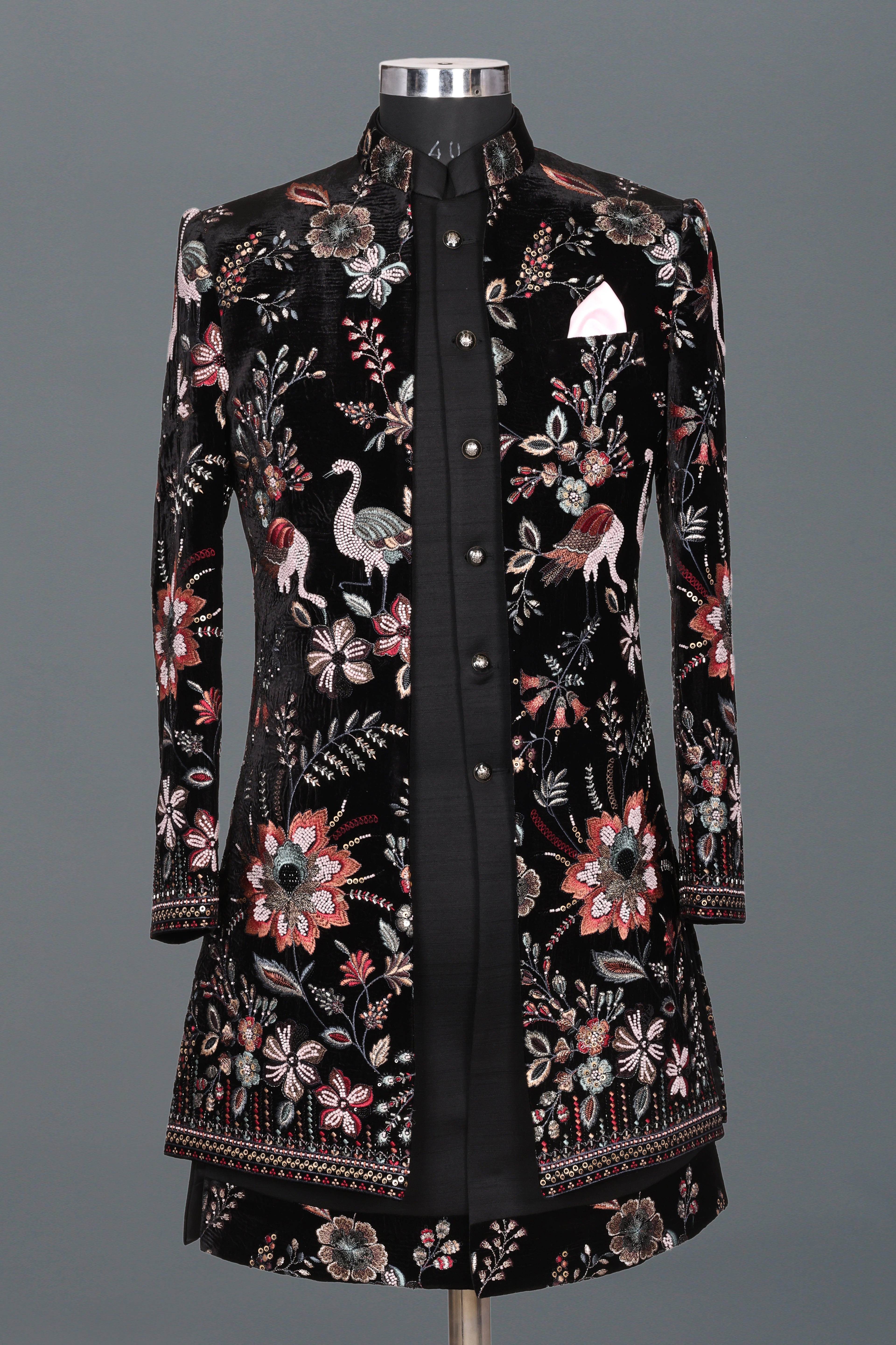 BLACK BIRD & FLORAL EMBROIDERED INDO-WESTERN