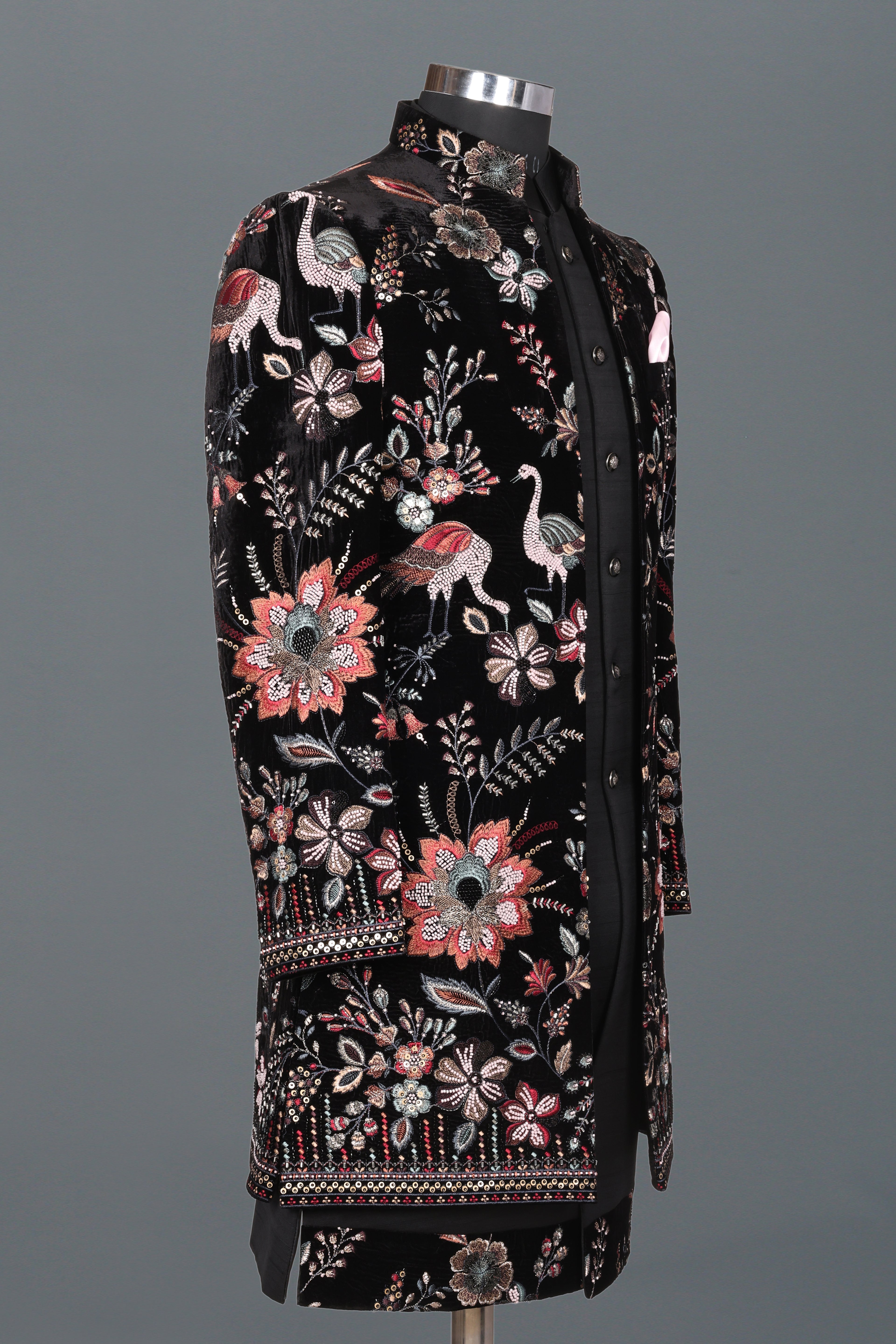 BLACK BIRD & FLORAL EMBROIDERED INDO-WESTERN