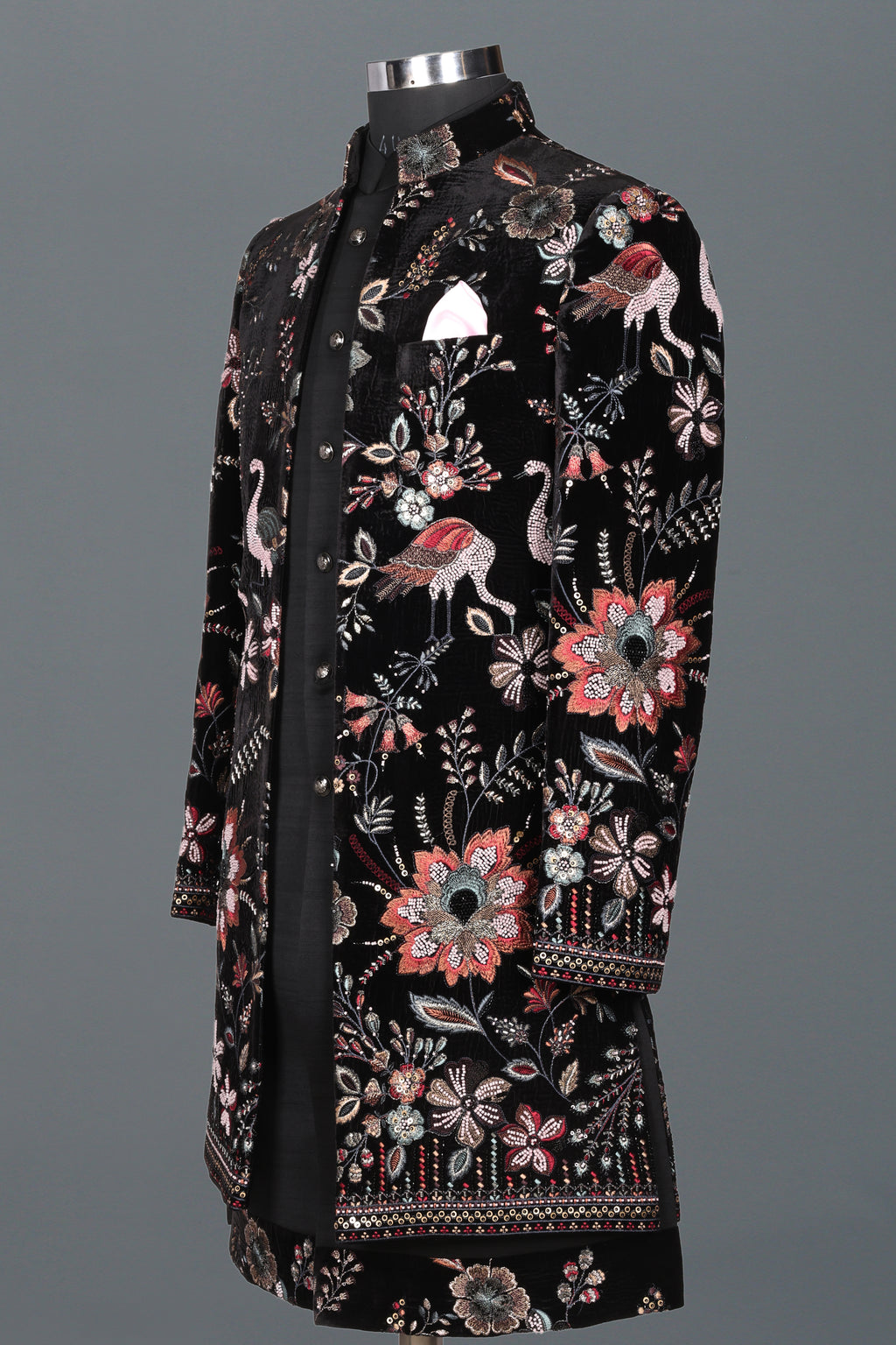 BLACK BIRD & FLORAL EMBROIDERED INDO-WESTERN