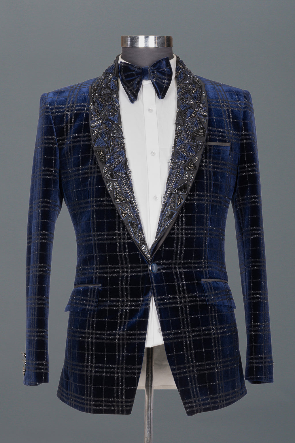NAVY VELVET TUXEDO WITH EMBELLISHED LAPEL