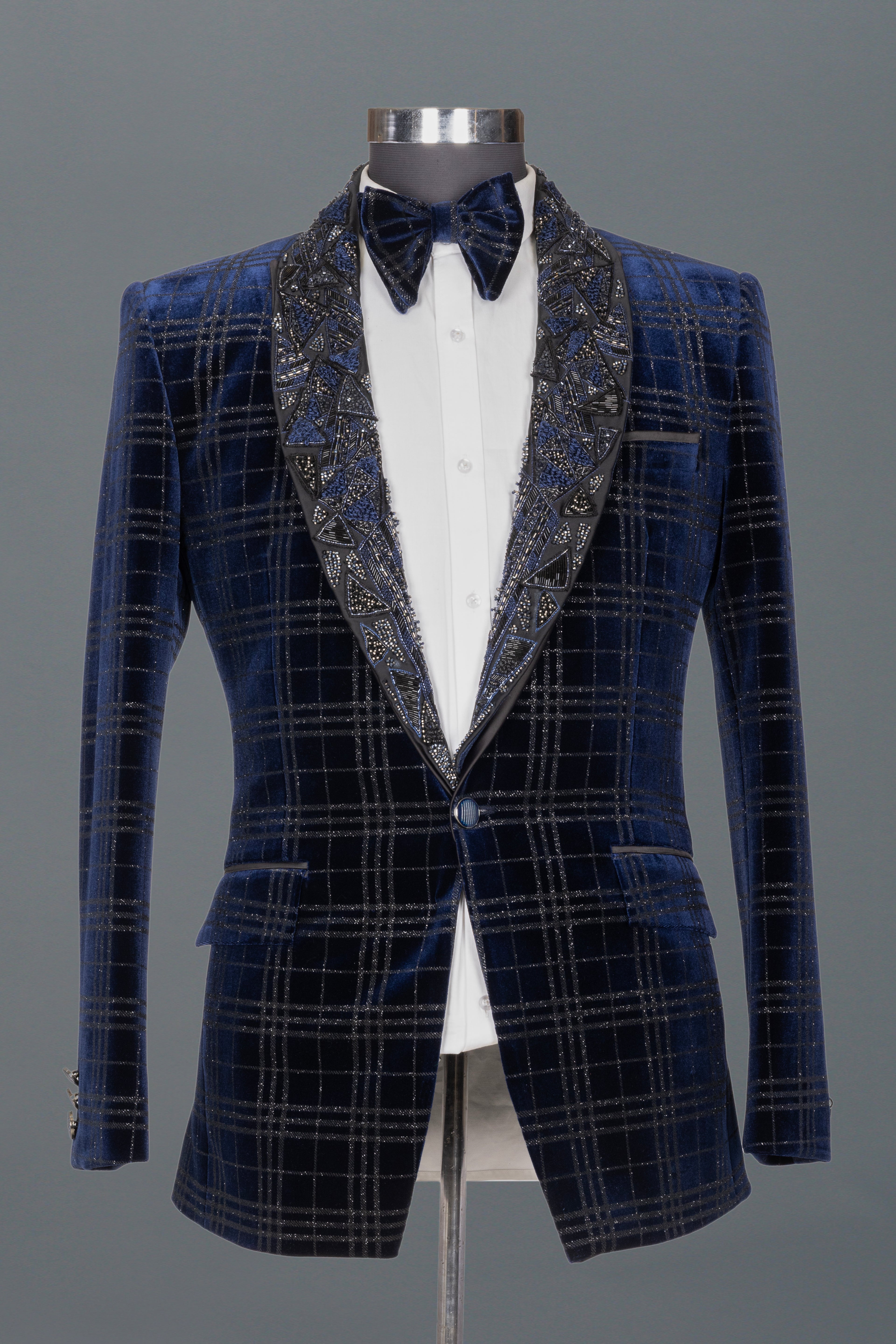NAVY VELVET TUXEDO WITH EMBELLISHED LAPEL