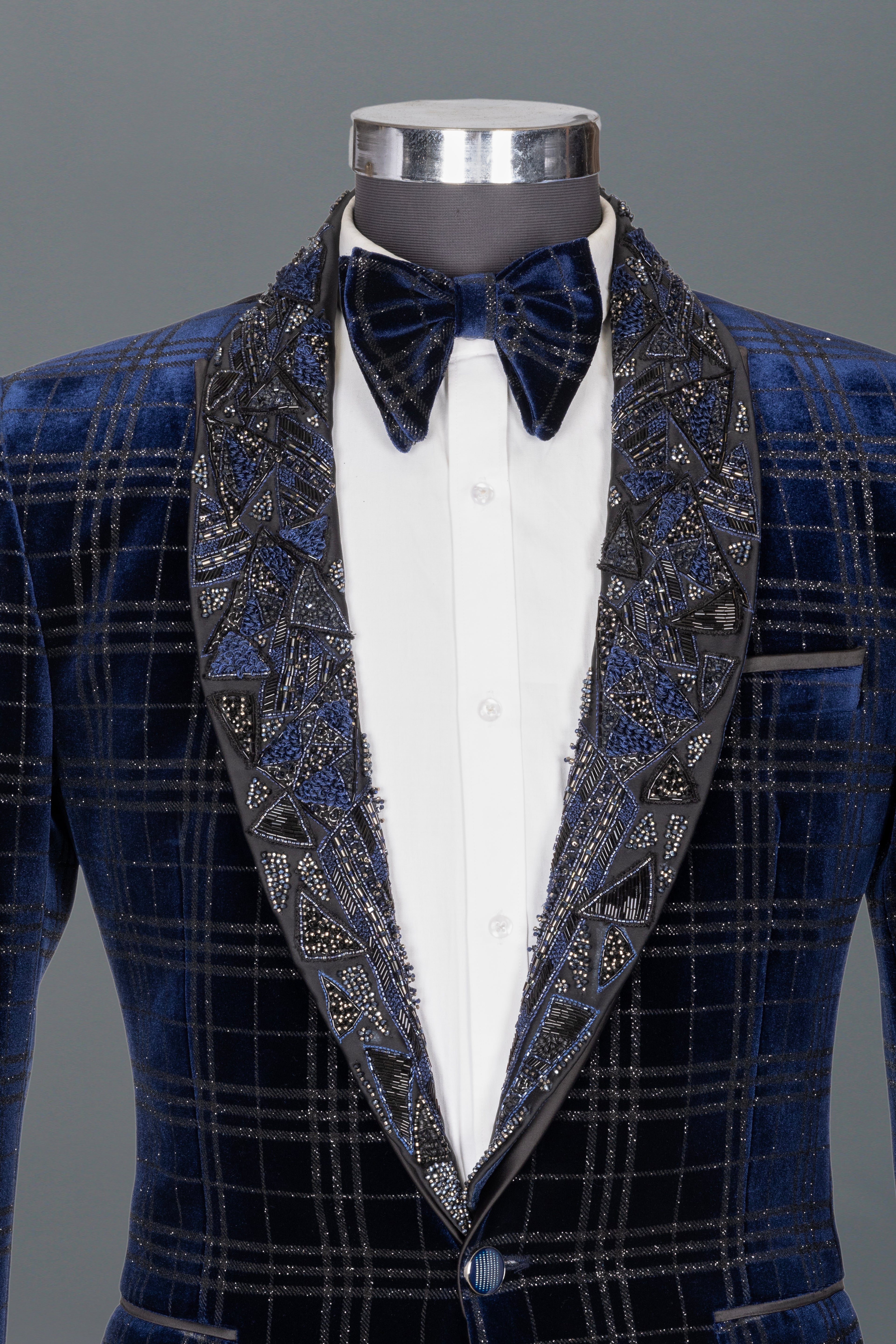 NAVY VELVET TUXEDO WITH EMBELLISHED LAPEL
