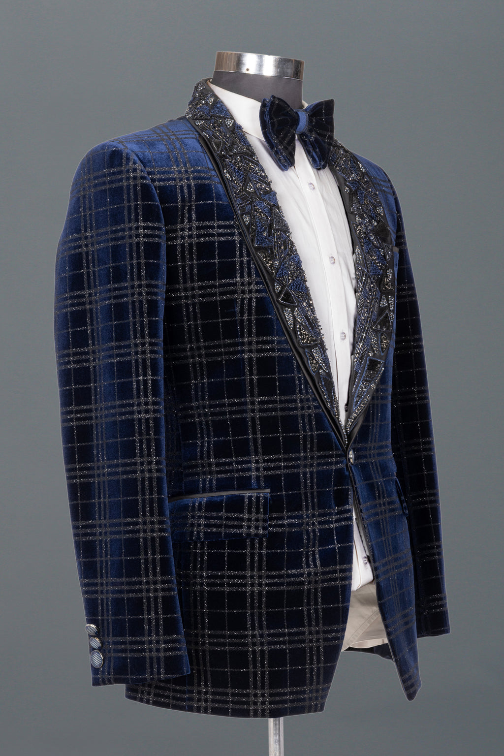 NAVY VELVET TUXEDO WITH EMBELLISHED LAPEL