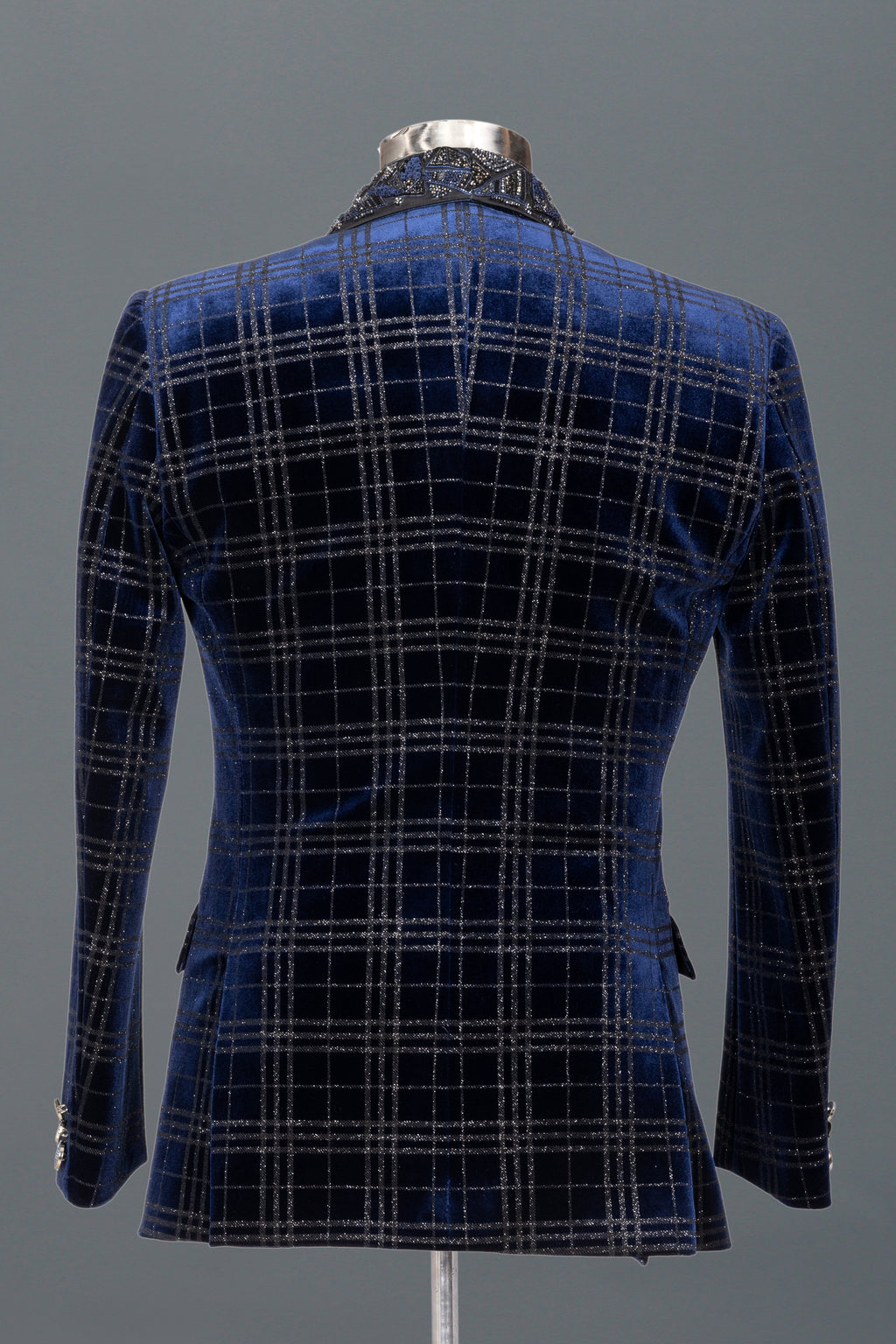 NAVY VELVET TUXEDO WITH EMBELLISHED LAPEL