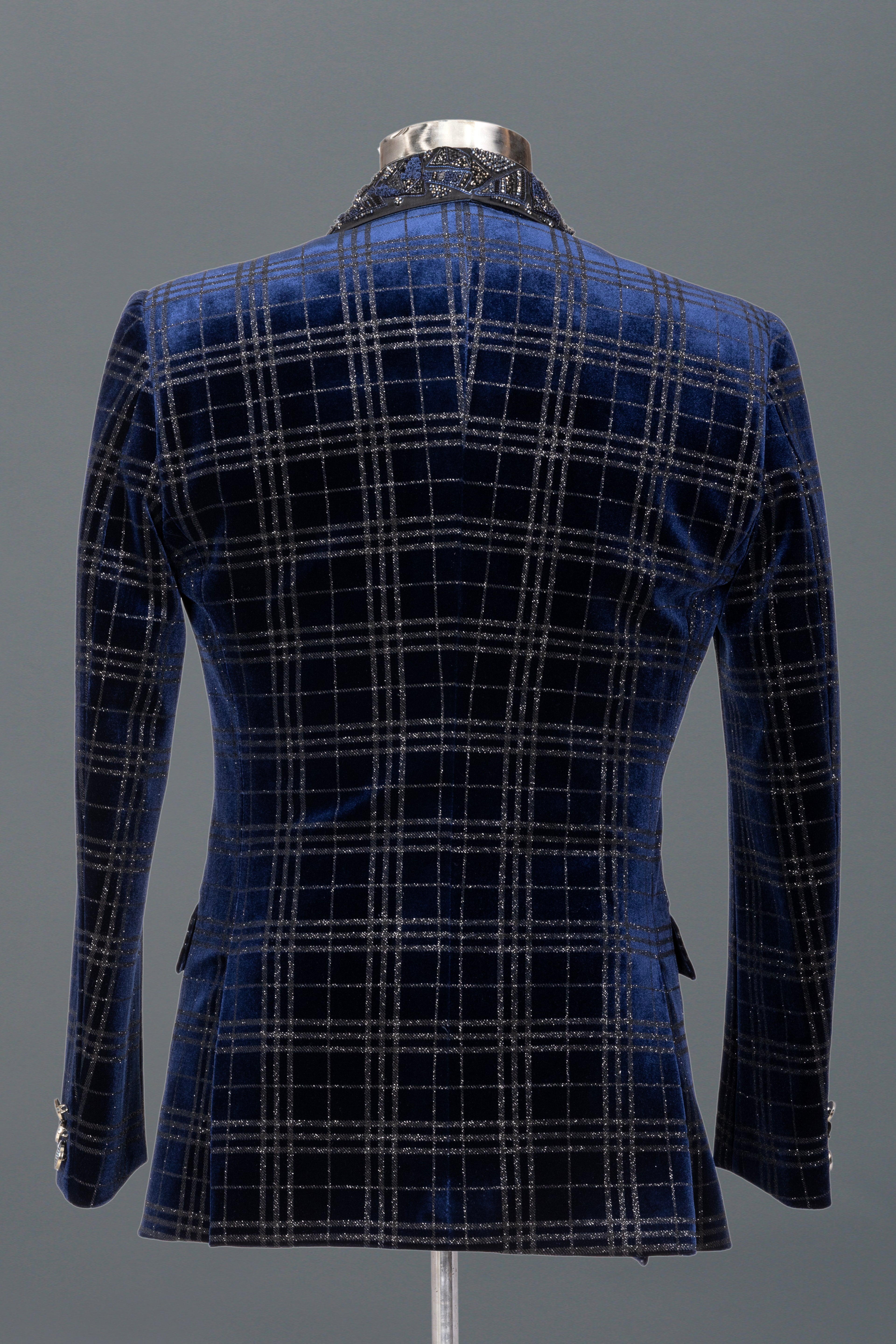 NAVY VELVET TUXEDO WITH EMBELLISHED LAPEL